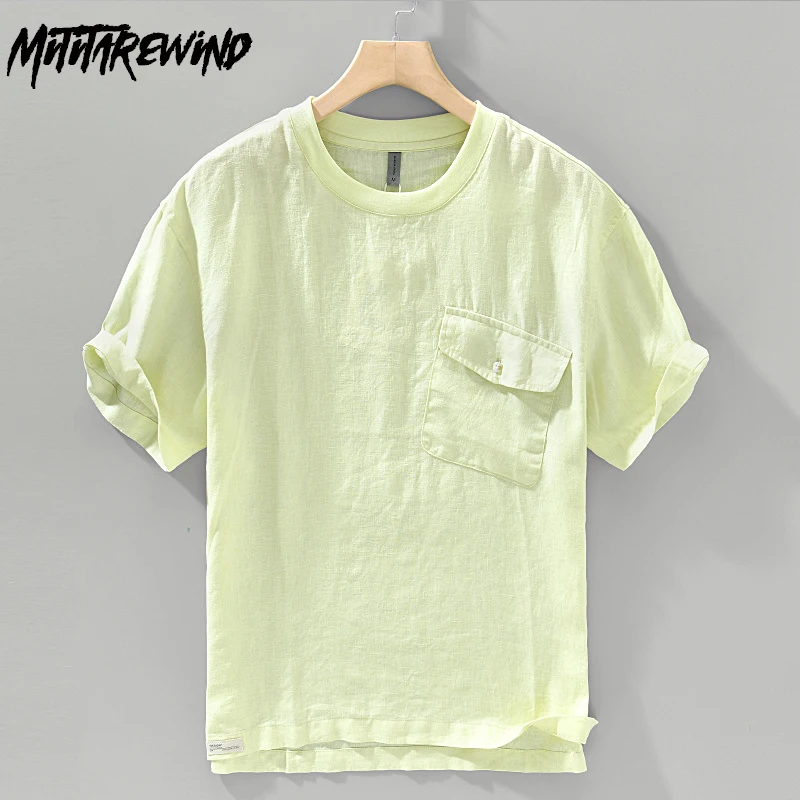 Natural 100% Linen Tshirts Male Summer Beach Men Tees O-neck Short Sleeve T-shirt with Pocket Breathable Men's Clothing Simple