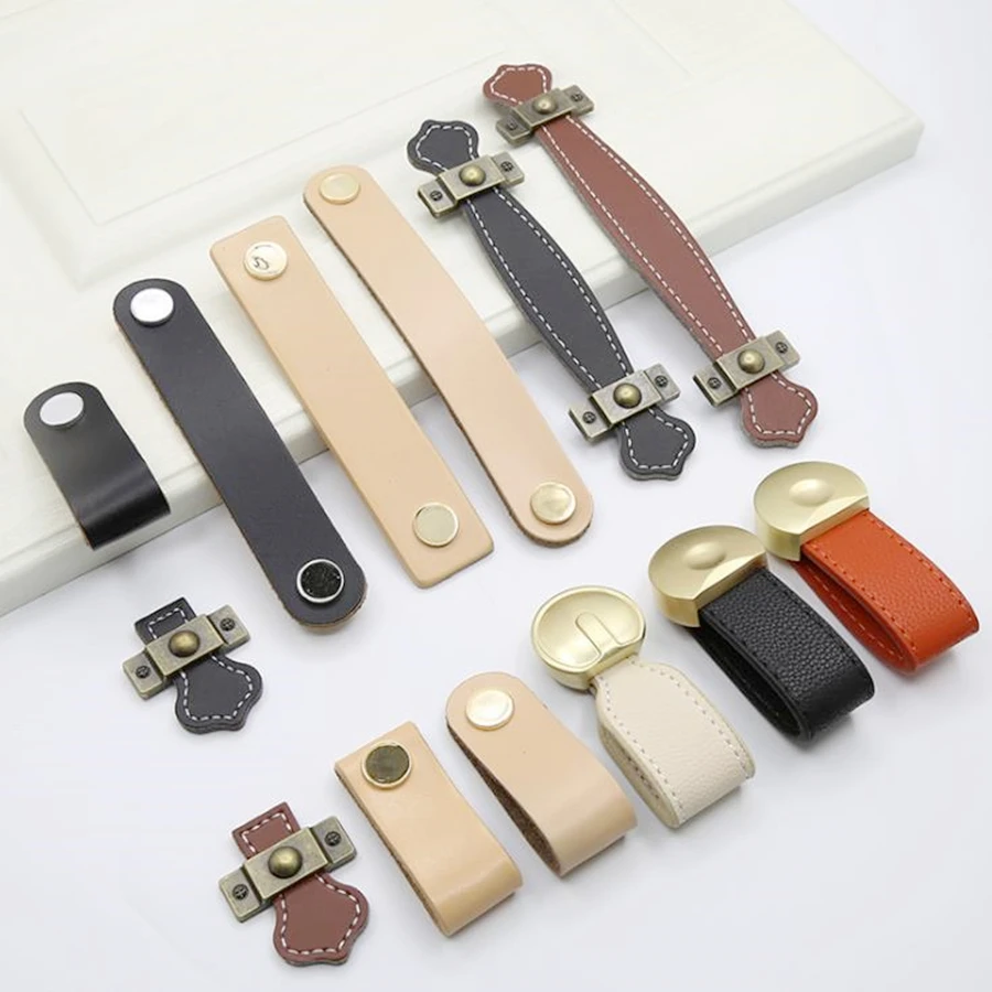 Simple Zinc Alloy Synthetic Leather Cabinet Pull Handle Furniture Brass Knob Modern Cupboard Hardware