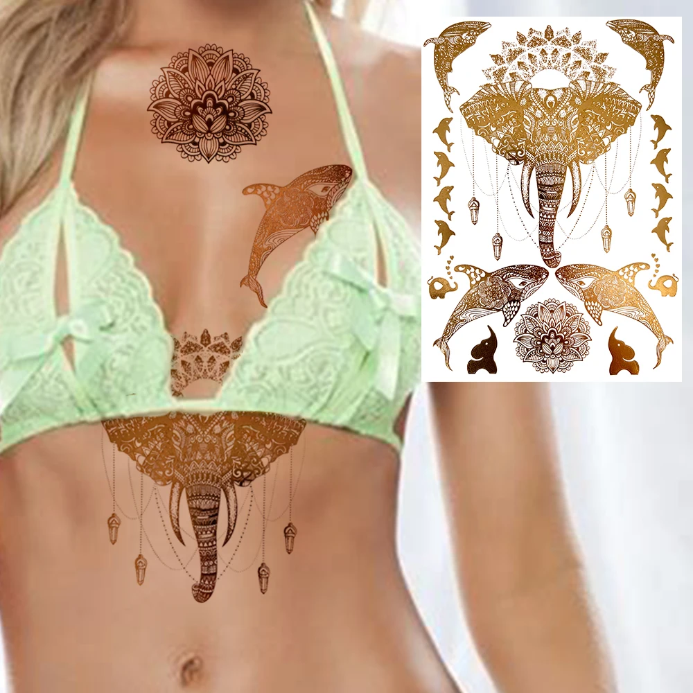 Golden Elephant Whale Temporary Tattoo For Women Adult Realistic Fake Vine Flower Butterfly Tattoo Sticker Unique Body Art Tatoo