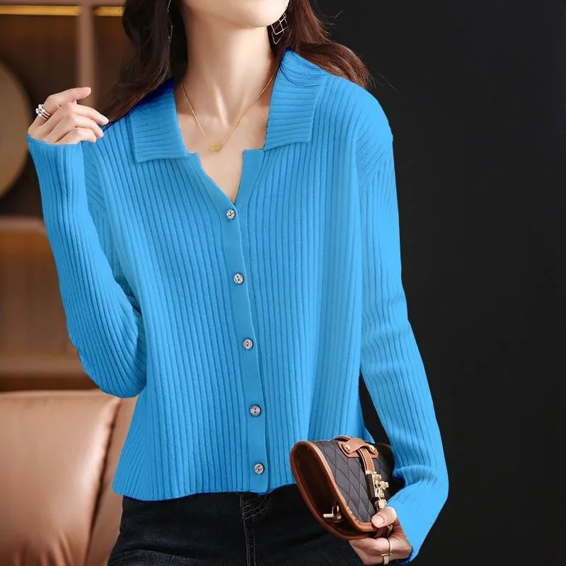 Women Clothing Fashion Polo-Neck Knitted Pullovers Spring Autumn Exquisite Solid Knitwear Office Lady Casual Loose Chic Top