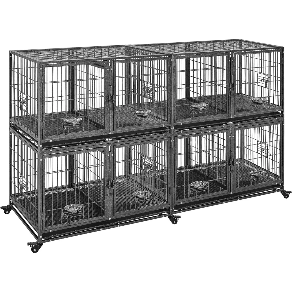 

Stackable Dog Crate 42'' Heavy Duty Large Dog Crate with Divider 4pcs Rolling Pet Metal Crate w/Double Doo Water Bowl Pet Kenne
