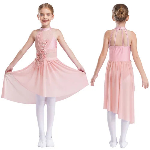 Imagen 2 del producto Vestido de Ballet para niñas, apliques sin mangas, malla Irregular, traje de baile lírico de tul, vestido de leotardo contemporáneo, Ropa de baile