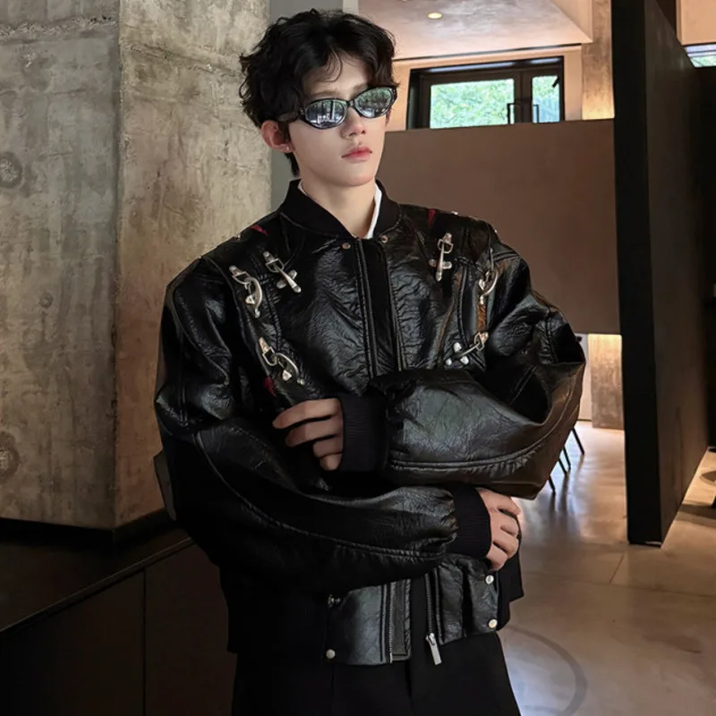 HKSH Spring Autumn New Men Dark Style Color Block Metal Darkwear Buckle Deconstructed PU Leather Jacket Trendy Punk Coat HK15365
