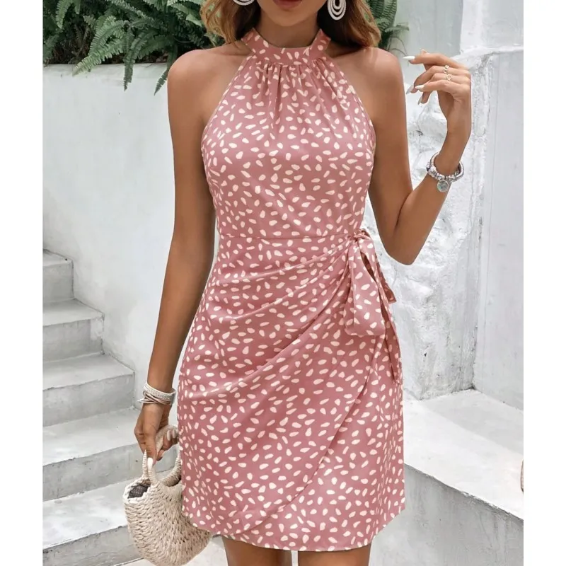 Women\'s Summer Fashion Hanging Neck Zipper Sleeveless Floral Pleated Short Dress Sexy Off Shoulder Lace-Up Mini Dress Vestidos