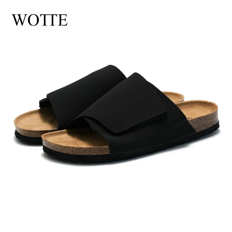 2024 New Summer Men\'s Cork Slippers Suede Leather Mule Clogs Slippers Man Soft Cork Two Buckle Beach Slides Footwear For Men