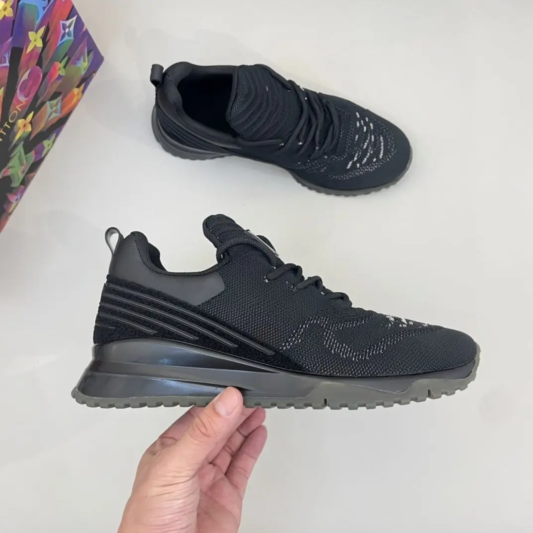 Men Women Black Knit Mesh Thick Sole Running Shoes Breathable Knitted PU Splicing Casual Shoes Minimalist Couple Lace-up Anti-slip Sports Sneakers