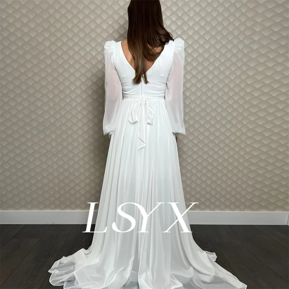 LSYX-Robe de Mariée en Mousseline de Soie, Col en V, Manches sulfÉvasées, Ligne A, Plis, Fermeture Éclair au Dos, Train, Patients, Sur Mesure