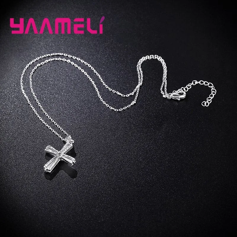 Original 925 Sterling Silver Women Men Necklace Shining Cubic Zirconia Paved Cross Pendant/Chain Wedding Party Accessories