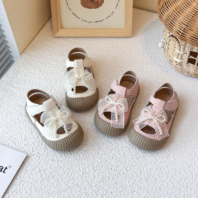 Little Girls Toes Capped Sandals Kids Elegant Pearls Sandals with Lace Bow-knot Soft Sole Children Summer Princess Dress Shoes