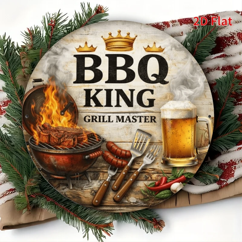 2D 8x8 Zoll Metallschild, BBQ King Grill Master Wanddekoration, Flacher Stil für Außenbereich Terrasse Zuhause Restaurant, Geschenk für Grill-Liebhaber