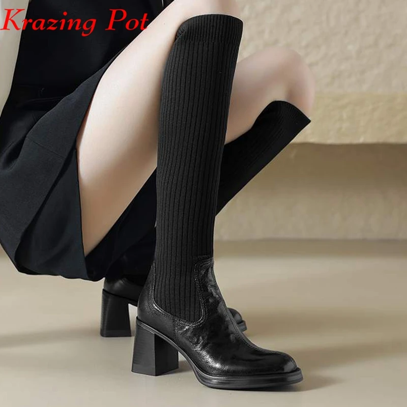 

Krazing Pot Ins Sheep Leather Round Toe Winter Riding Boots Thick Heels Solid British Knitwear Slip On Elastic Thigh High Boots