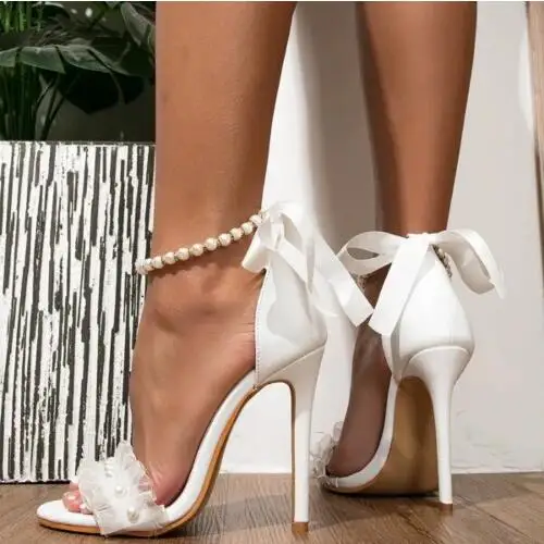 

Pure White Lace Lotus Edge Pearl Beading Chain One Line Ankle Lace Up Thin Heels Summer Sandals Women Cover Heel Wedding Shoes