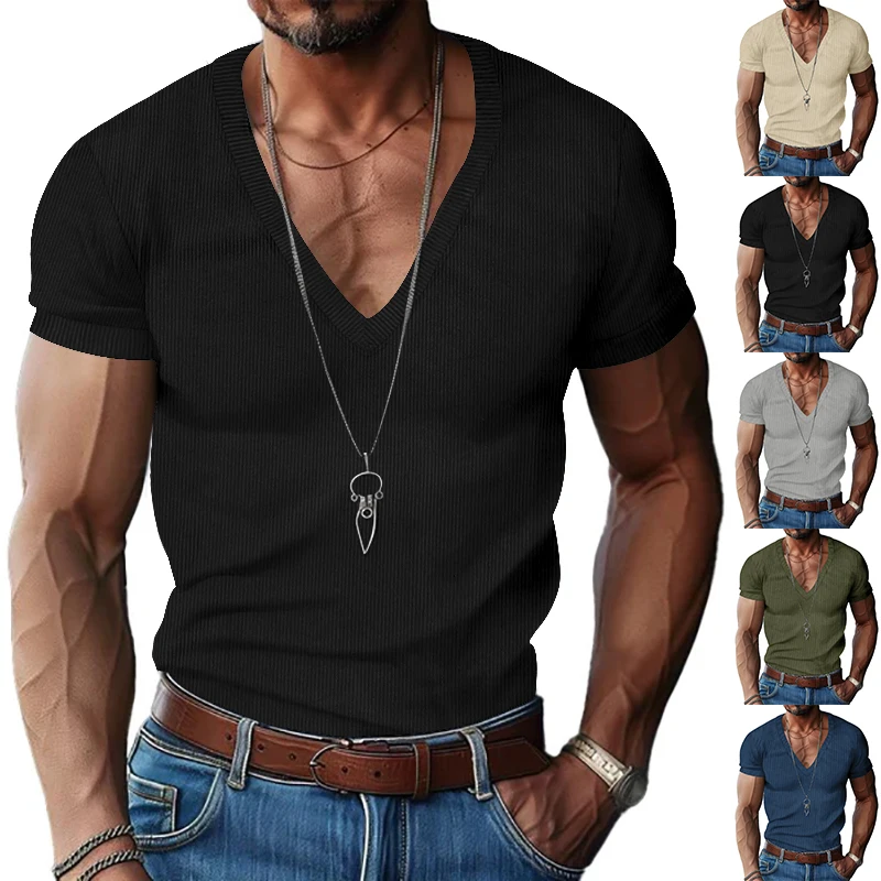 Amazon cross-border men's corduroy T-shirt Europe and the United States summer V-neck solid color slim-fit casual T-shirt