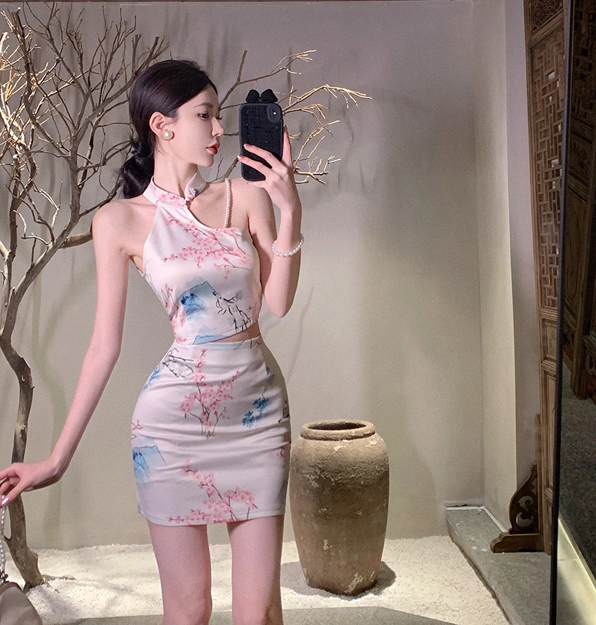 

Новый летний китайский комплект из двух предметов небольшого размера с высокой талией, женский комплект Qipao Ele Personali с улучшенным ощущением высоты