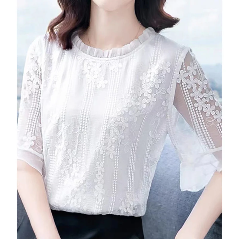 Elegant Fashion Solid Hollow Out Lace Floral Chiffon Shirt Summer New 2022 O-Neck Half Flare Sleeve Loose Blouse Female Clothing