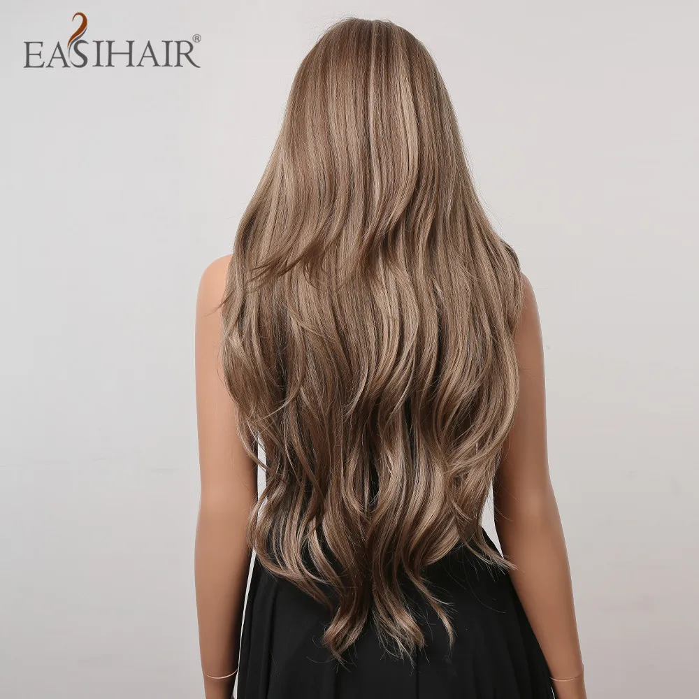 EASIHAIR Brown Mixed Blonde Synthetic Wigs with Bang Long Natural Wavy Hair Wig for Black Women Daily Cosplay Use Heat Resistant