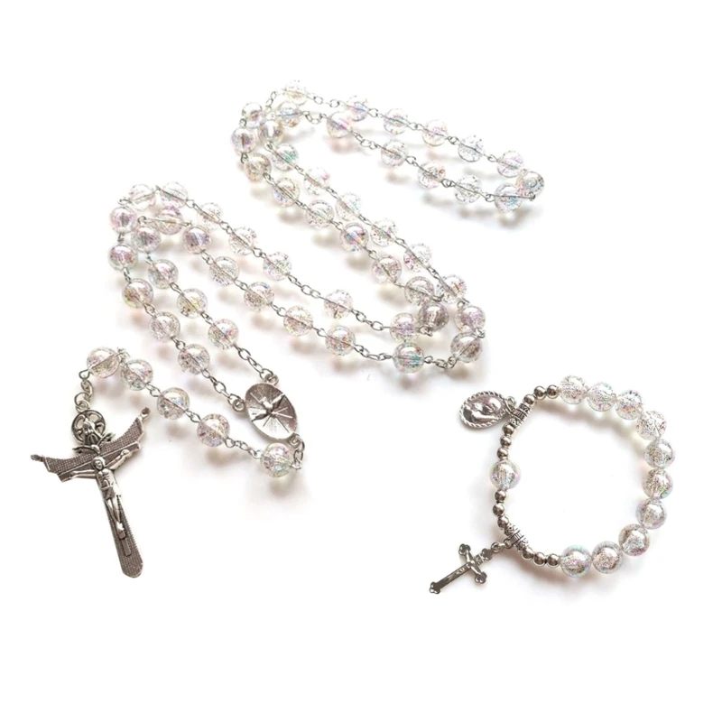 Catholic Rosary Necklace Pendant Bracelet Religious Acrylic Beads Long Chain for Women Christian Jewelry Baptism W3JE