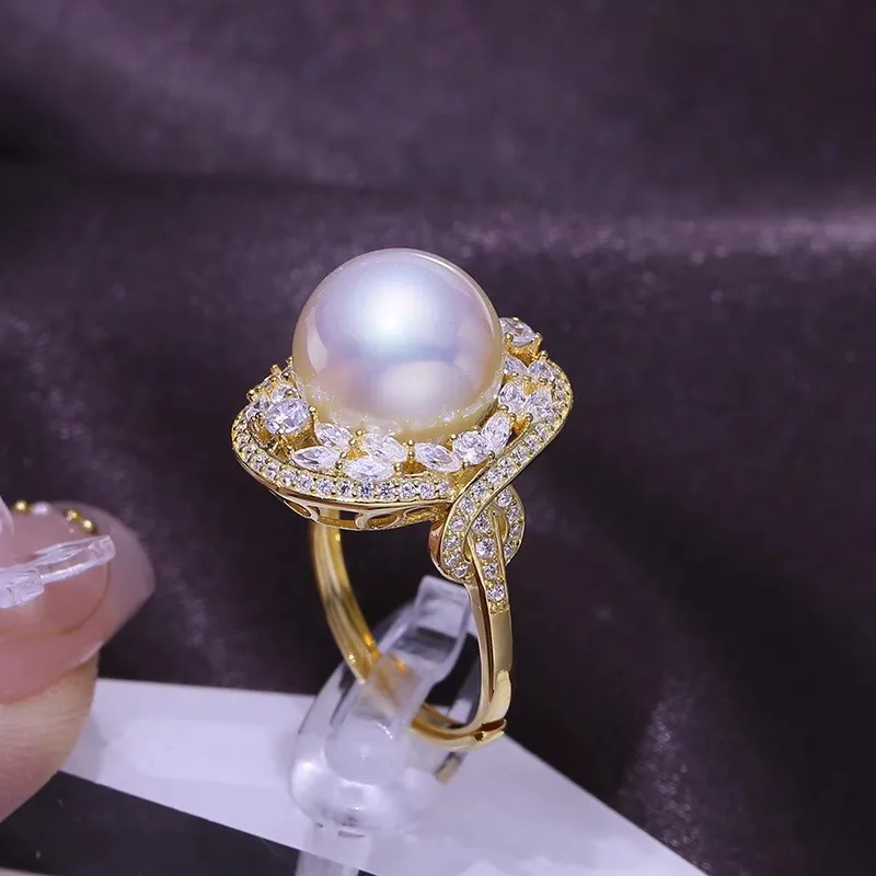 MeiBaPJ 11-12mm Big Natural Round Pearl Fashion Ring DIY 925 Silver Empty Ring Setting Fine Wedding Jewelry for Women