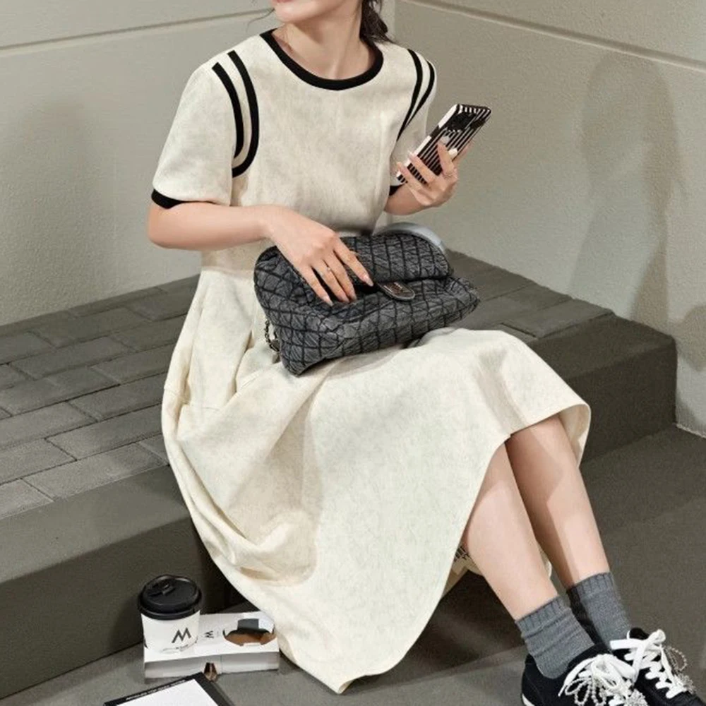 Grey short-sleeved splicing design dress large-size women's clothing 2025 spring new Korean version waist slim skirt women