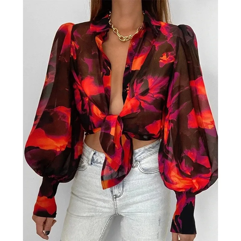 Vintage Flower Printed Lantern Long Sleeve Blouse Fashion Office Lady Floral Shirt Elegant Button Long Sleeve Tops Blusas 21620