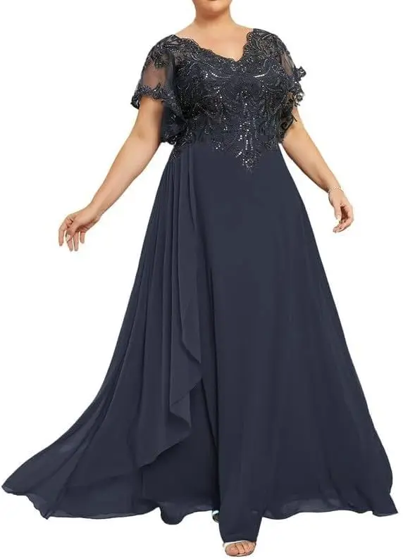 

Mother of The Bride Dresses V Neck Lace Appliques Wedding Guest Dresses A line Chiffon Formal Dress Plus Size