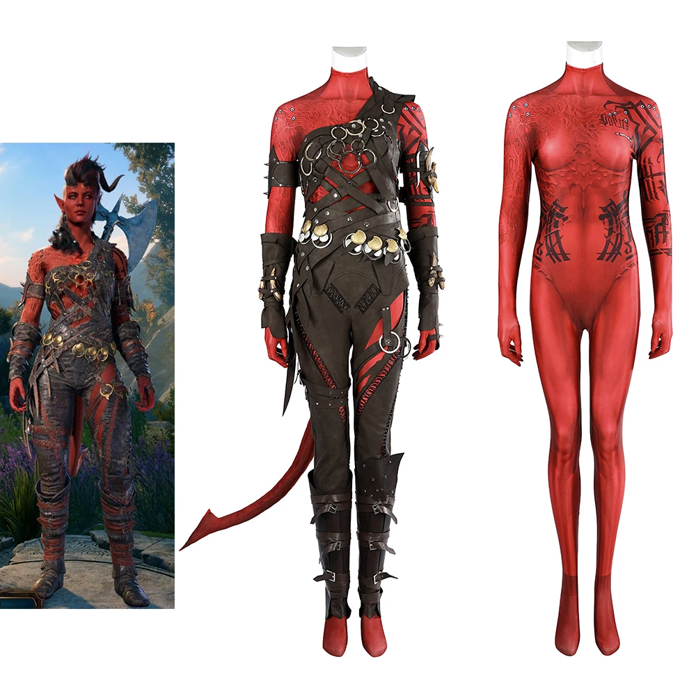 Game Karlach Cosplay Costume Women's Red Combat Jumpsuit Uniform Suit with Tail Accessories Halloween Party Disguise Outfits