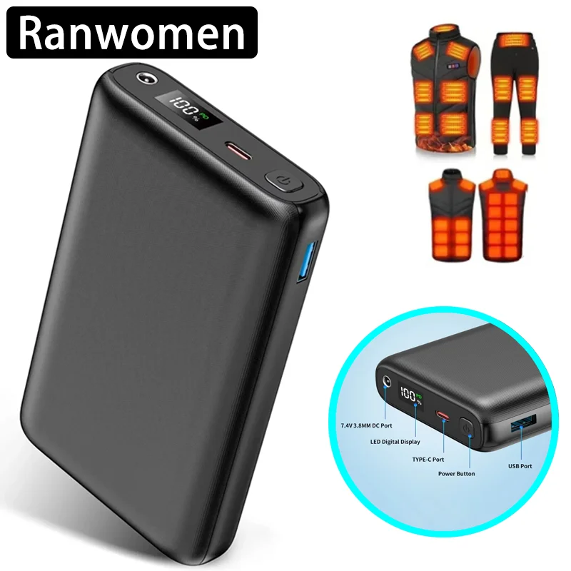 PowerBank 30000mAh DC  Portable LED Display USB-C And Fast Charge 7.4V Interfaces Light Weight For Phone Heating Clothing