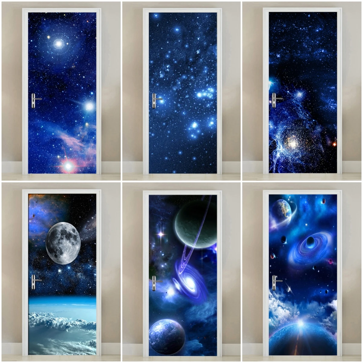 2D flat space fantasy wall and door stickers, PVC removable self-adhesive wallpaper, nebula sky decoration, home stickers