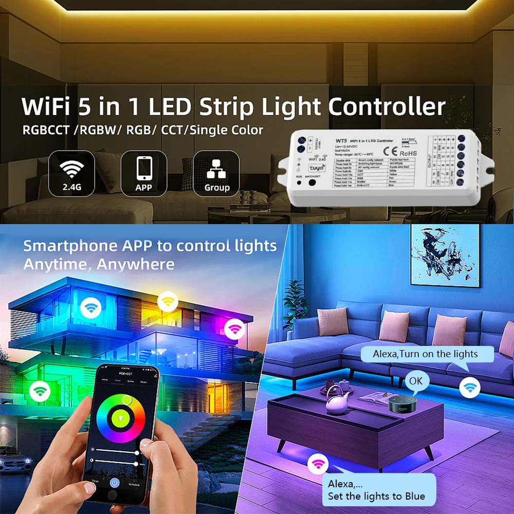 Contrôleur LED Tuya WT5 5 en 1, Gradateur Wifi DC 12V 24V 2.4G RF, Télécommande Sans Fil RT5 RT10 pour CCT RGB RGBW RGBCCT Bande Lumineuse