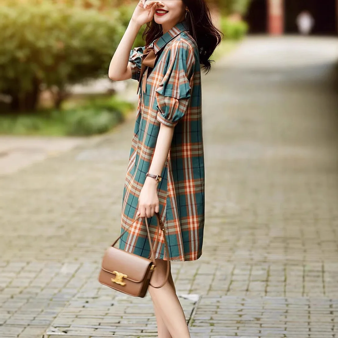Halflange jurk damesjurken A-lijn geruite hoge taille vestidos streetwear korte mouw elegante hoge taille Y2k werk zomer 2025,