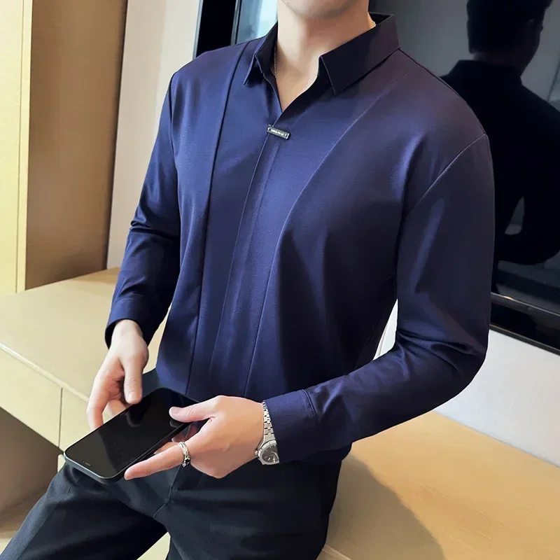 Stitching Special V-neck Long-Sleeved Polo Shirt, Men\'s High-Grade Elasticity Traceless Lapel T-shirt, Royal Blue Seamless Top