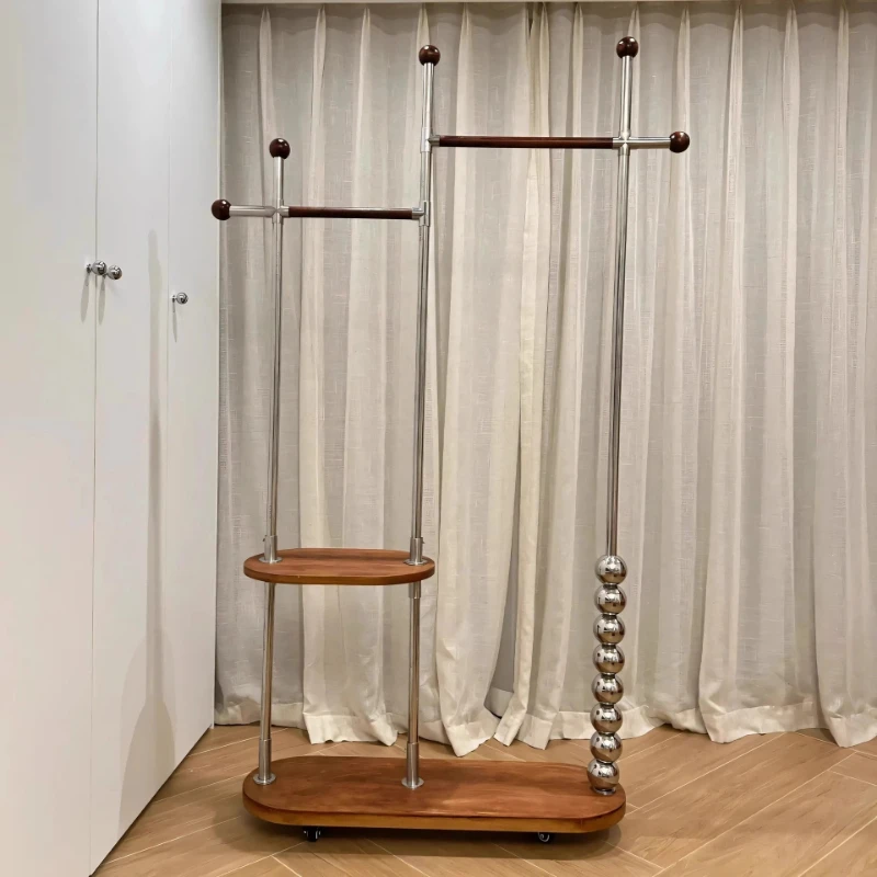 Household stainless steel hanger Solid wood medieval floor coat rack Movable multi-functional hanger