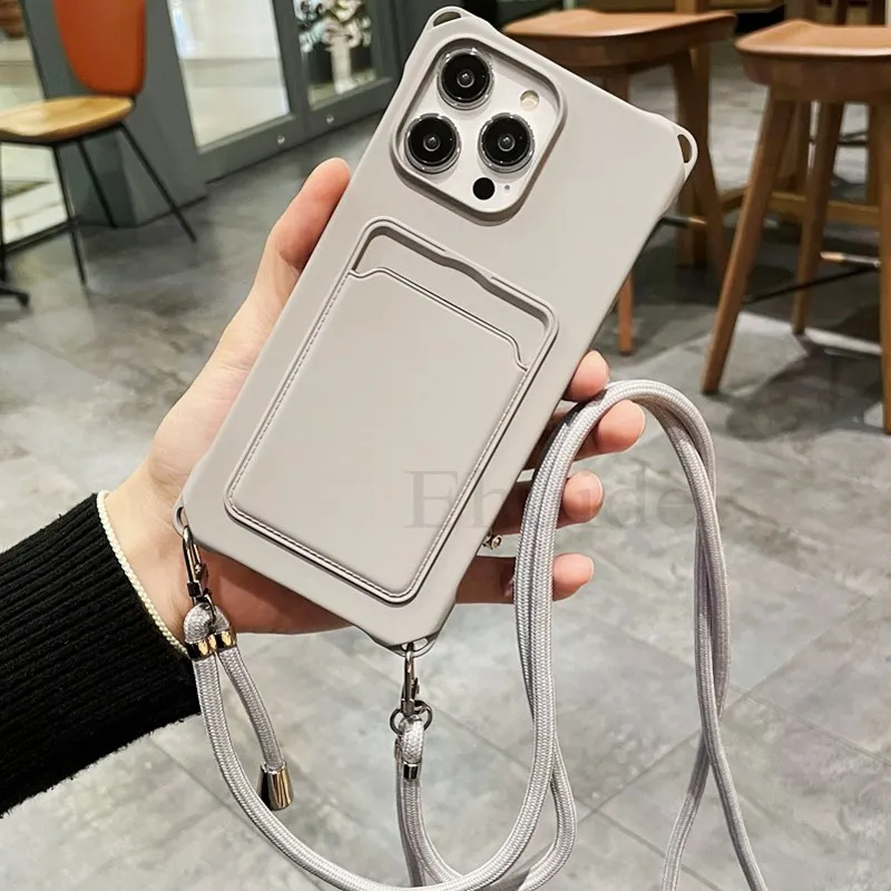 Shockproof Lanyard Case For iPhone 16 Pro Max 14 12 11 13 Mini 16 Plus 15 Pro Card Slot Holder Crossbody Necklace Strap Cover