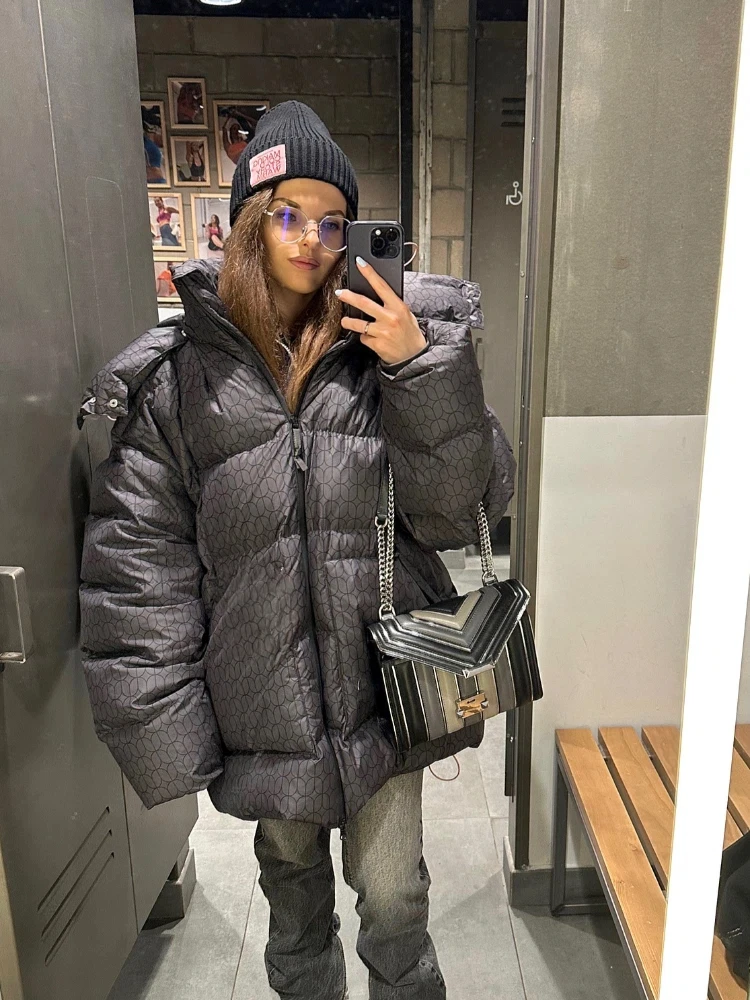 

Print Women Hooded Cotton Coat Casual Brown Stand Collar Full Sleeve Loose Jacket Chic Lady Winter Office Commute Outwear