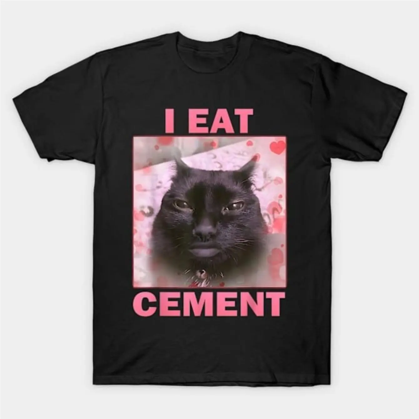

Men's I Eat Cement Humorous Cat Graphic T-Shirt Black with Pink Print Round Neck Short Sleeve Casual Tee for Valentine's Day