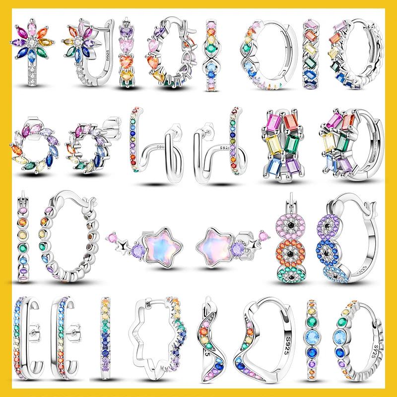 925 Sterling Silver Colored Flower Star Hoop Earrings Original Zirconium Pave Earrings For Women Fashion Jewelry Gift