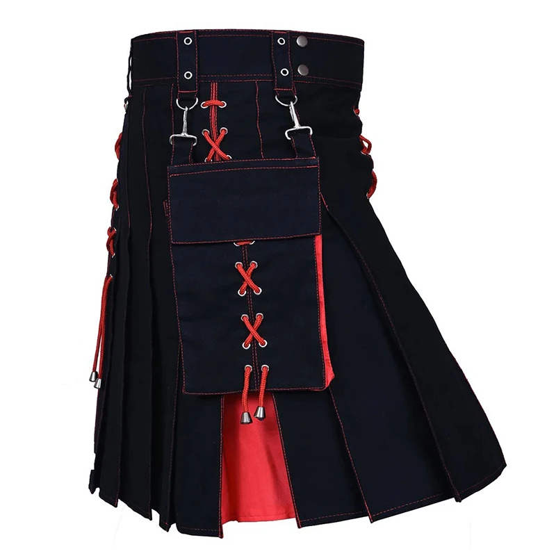 Scottish Holiday Medieval Pleated Skirt Men Scottish Traditional Highland Tartan Kilt Retro Buckle Pockets Ireland Short Skirts