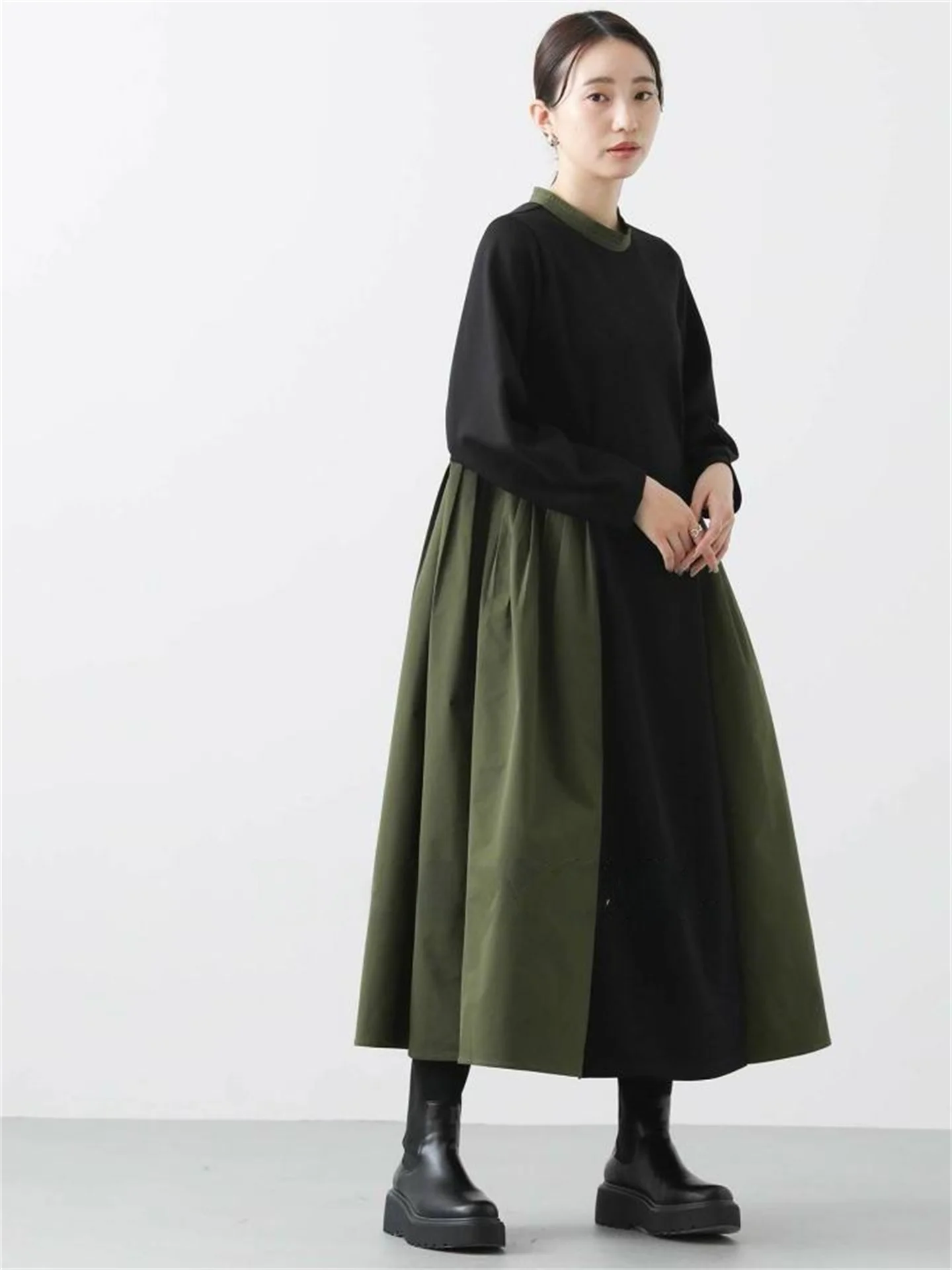 

Retro Splice Color Blo A-Line Doll Dr Long Sve Sweatirt Dr Midi Skirt for Women Ci Commute Autumn Spring Season