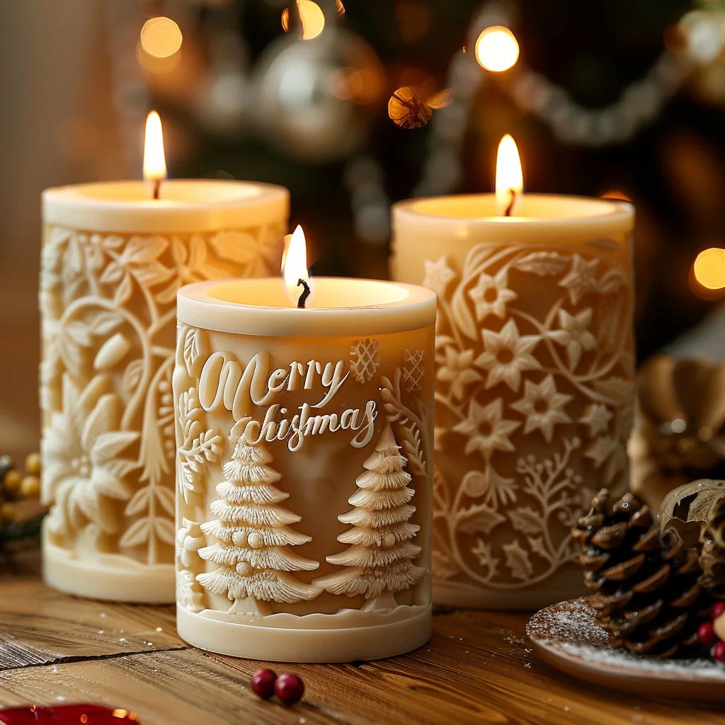 Snowman Snowflakes Pattern Cylinderical Candle Silicone Mold Merry Christmas Phrases Pillar Candle Plaster Mould X-mas Gifts