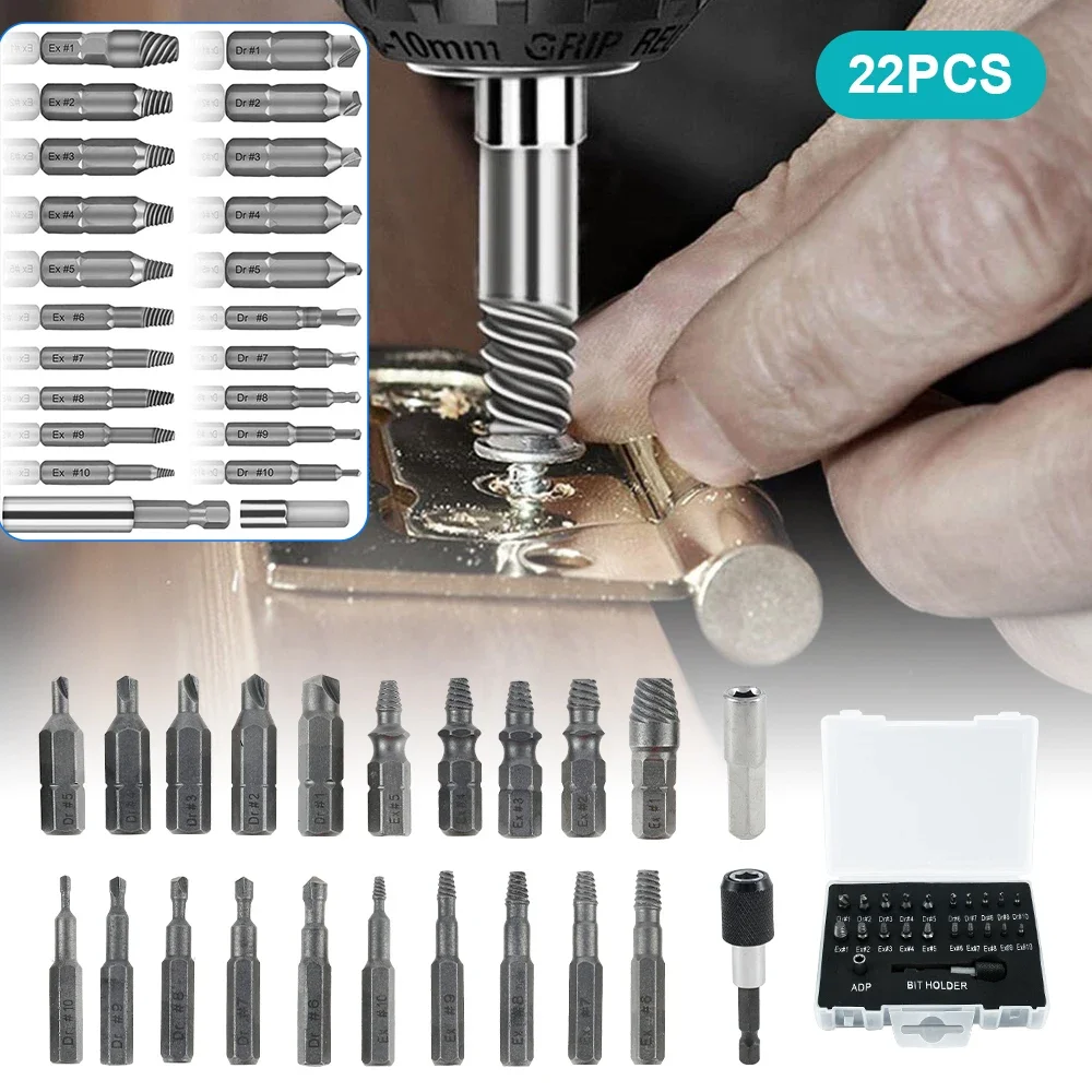 22Pcs 2-12mm Damaged Screw Extractor Set High Speed Steel Stripped Screw Extractor Set Quickly Damaged Bolt Screw Extractor Kit