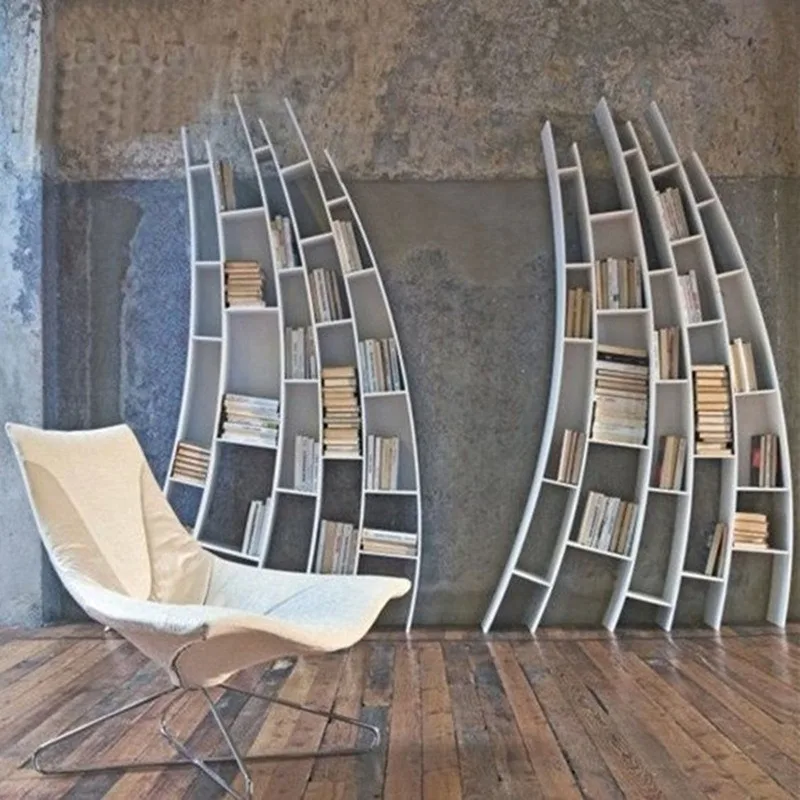 Creative art bookshelf, white piano paint bookcase, modern simple floor-to-ceiling display cabinet, personalized wall-mounted