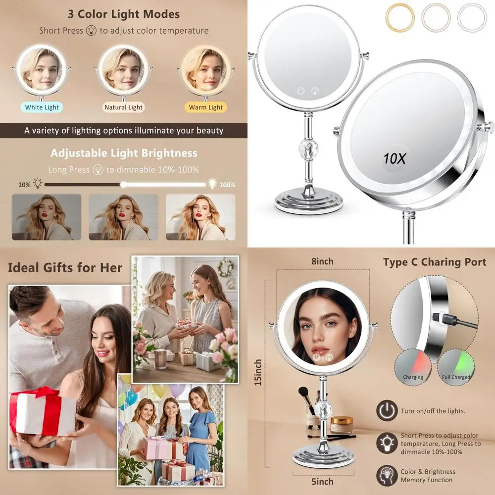 مرآة مكياج مضيئة: 4000 مللي أمبير قابلة لإعادة الشحن، مكبرة مزدوجة الجوانب 1x/10x، تعتيم 3 ألوان، 360 درجة ° مرآة الغرور الدوارة واي #1