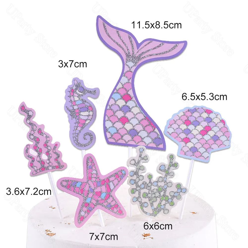 7Pcs/Set Mermaid Happy Birthday Cake Toppers Purple Pink Sea Shell Mermail Tail Cake Toppers for Mermaid Birthday Cake Decortati