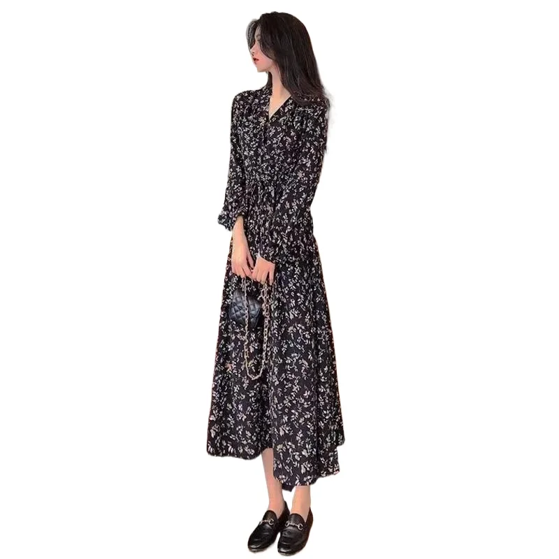 2024 Spring Autumn Fashion Womens Dresses Korean Mid Long Dress for Women New Vintage Clothing Bomjamba Long Sleeve Black Dress