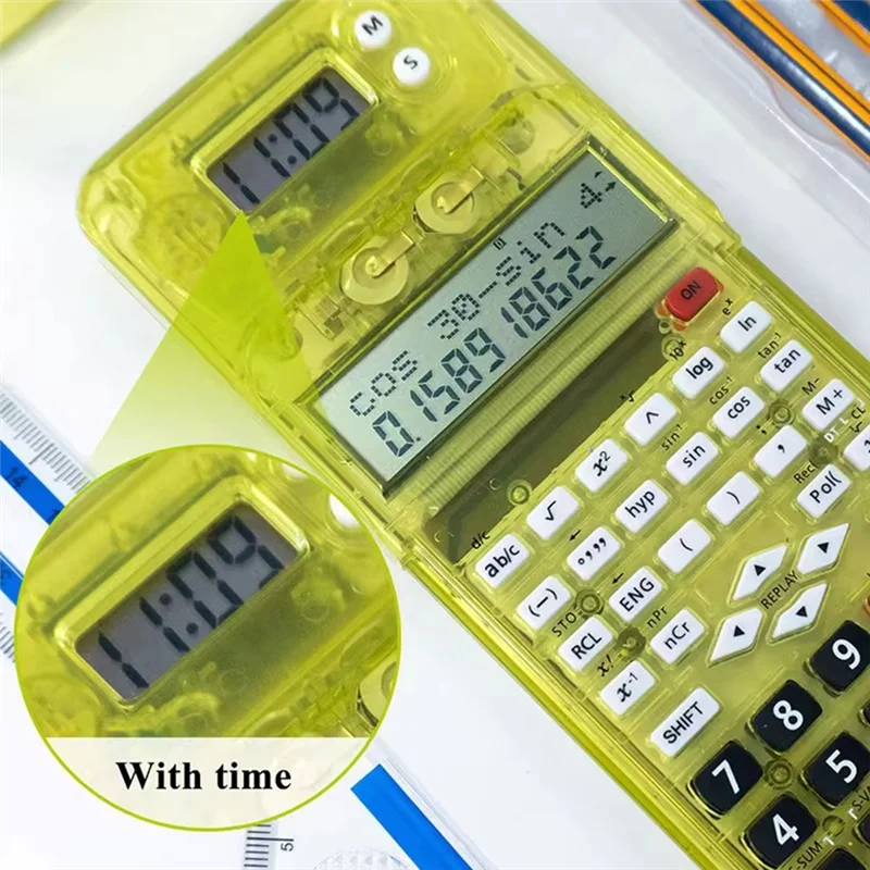 

C9-Luxmoc Multi-Function Scientific Calculator With Time Display And Transparent Pencil Case, Yellow