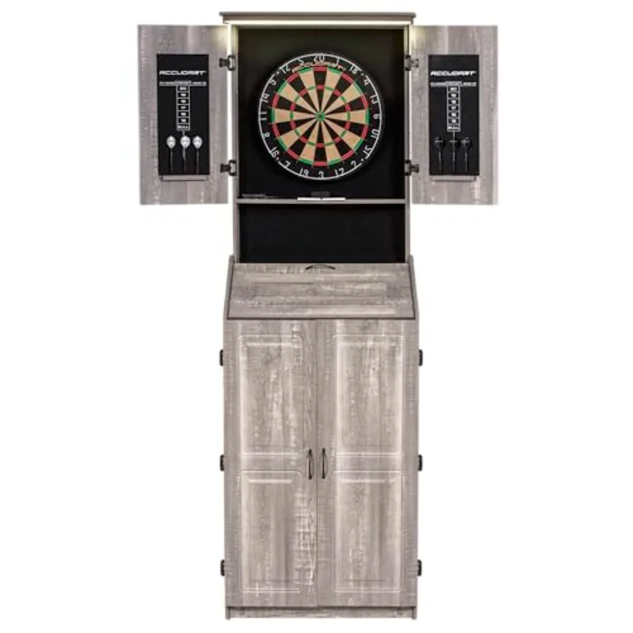 

Dartboard Cabinet Set for Home/Bar Use Brazilian Sisal Board, Weathered Grey Wood Cabinet, LED Lighting Built-in Storage, Stapl