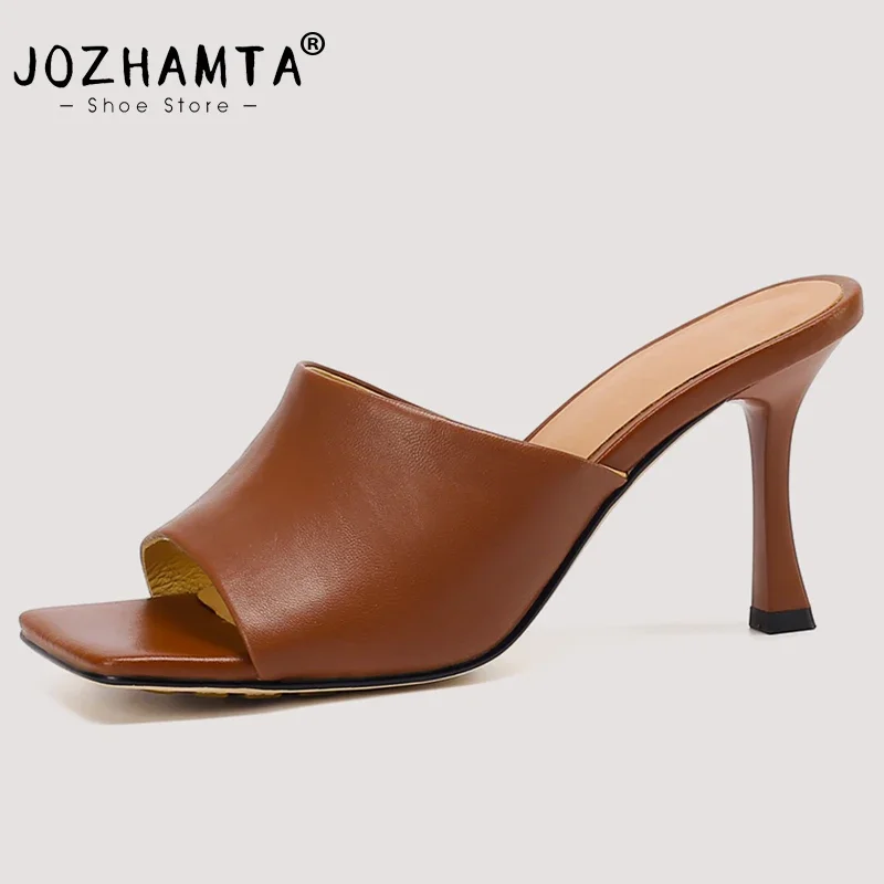 JOZHAMTA Size 34-40 Sandalias Women Summer 2023 Real Leather High Heels Shoes For Women Slippers Chunky Mules Elegant Sandals