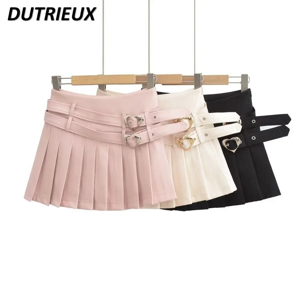 

Sweet Double Belt Pure Desire Pink Heart Buckle Hot Girl Anti-Exposure Short Pleated Y2k Skirt Cute Preppy Style Mini Skirts