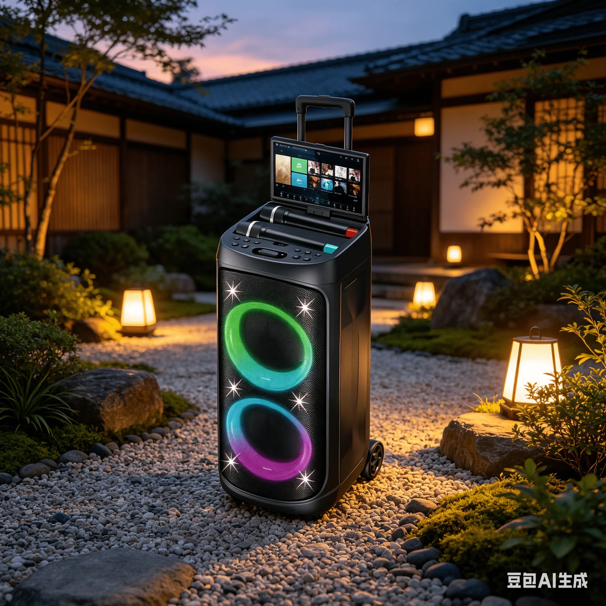 Home KTV Karaoke Speaker System with Touch Screen, 2 Wireless Mics, RGB Light, Portable Trolley Blue Tooth Speaker