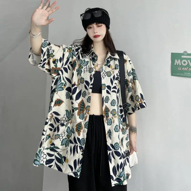 Turn-down Collar Blouses  Spring Summer Thin Handsome Button Printing Loose Long Streetwear Fashion Casual Women's Clothing 2023